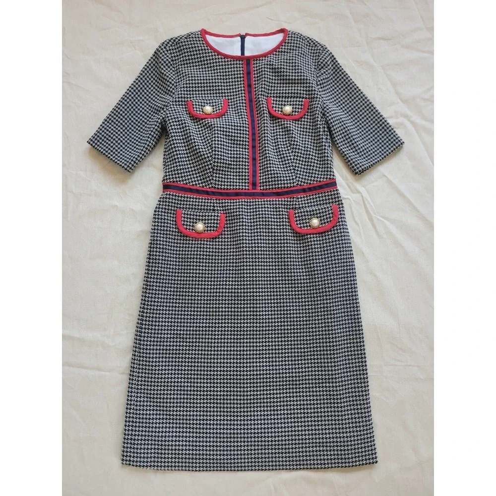 Vintage Handmade Tweed Kate Dress Elegant Classic Black‎ White Red Trim Size M